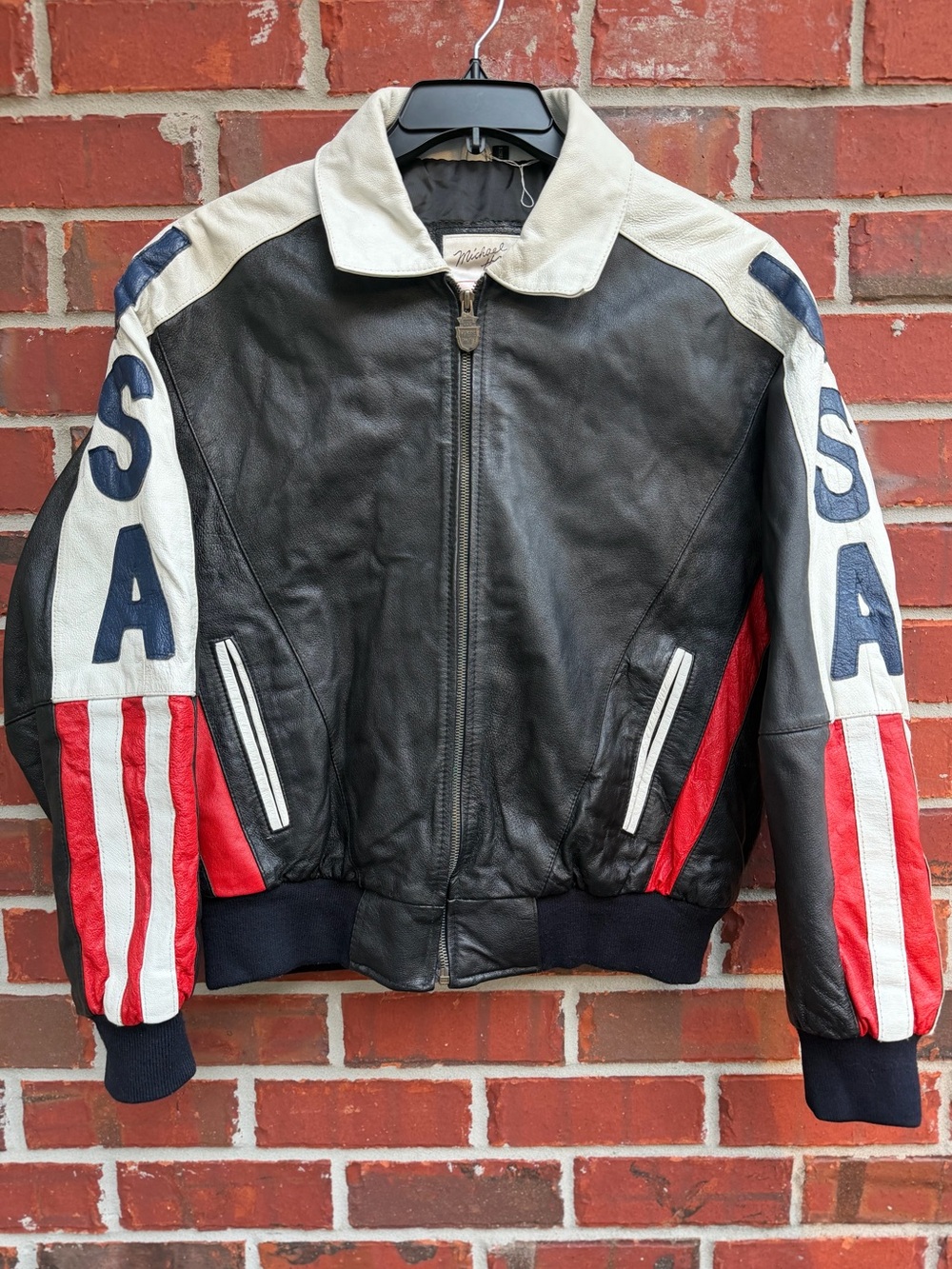 Vintage Michael Hoban Where M I USA Flag Men’s Full Zip Leather Bomber Jacket F8